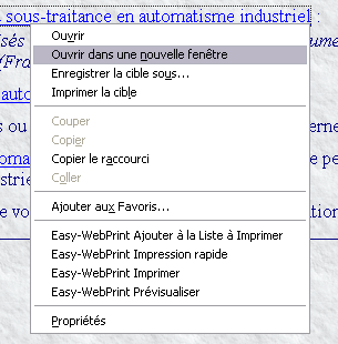 Contextual menu to open a link in Microsoft internet explorer